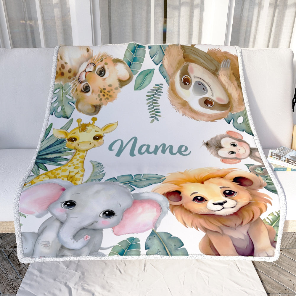 Personalized Baby Blanket With Name Custom Safari Animals Boy Girl Son Daughter Niece Granddaughter Birthday Christmas Customized Bed Fleece Throw Blanket | teecentury