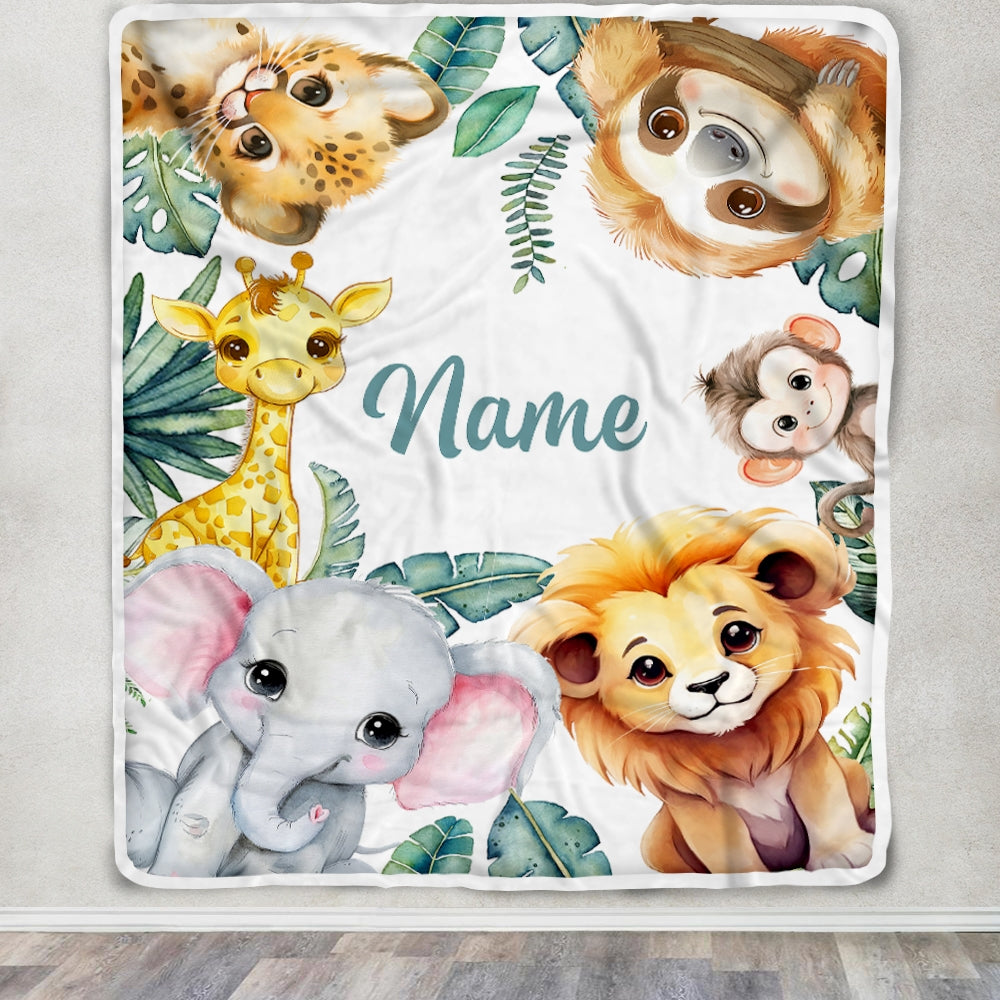 Personalized Baby Blanket With Name Custom Safari Animals Boy Girl Son Daughter Niece Granddaughter Birthday Christmas Customized Bed Fleece Throw Blanket | teecentury
