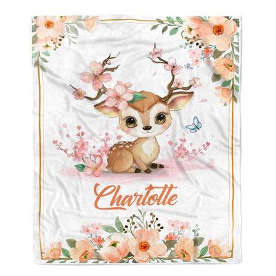 Personalized Baby Blanket With Name For Girl Deer Bunny Baby Girl Floral Pink Kid Daughter Granddaughter Niece Birthday Customized Christmas Fleece Blanket Blanket | Teecentury.com
