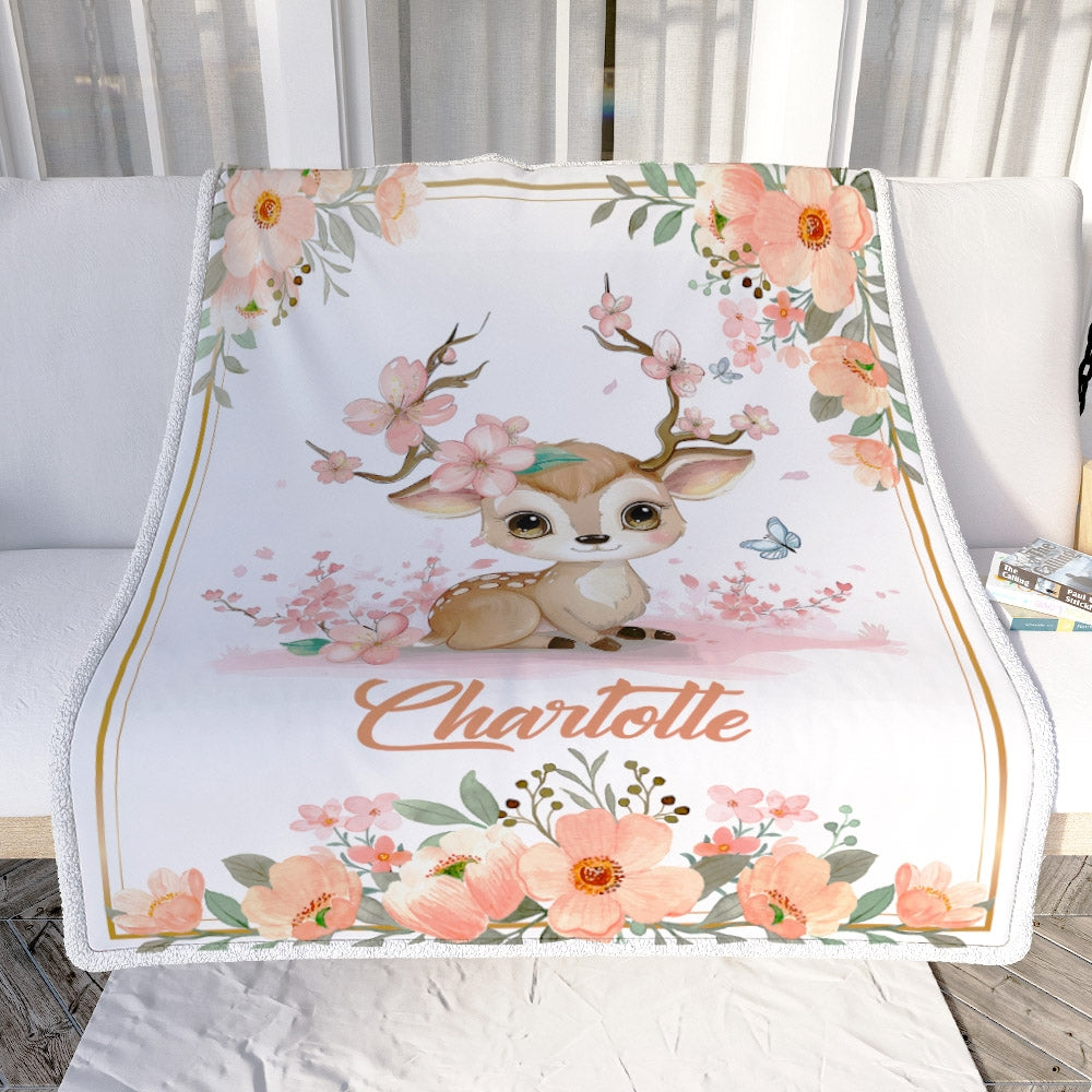 Personalized Baby Blanket With Name For Girl Deer Bunny Baby Girl Floral Pink Kid Daughter Granddaughter Niece Birthday Customized Christmas Fleece Blanket Blanket | Teecentury.com