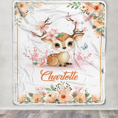 Personalized Baby Blanket With Name For Girl Deer Bunny Baby Girl Floral Pink Kid Daughter Granddaughter Niece Birthday Customized Christmas Fleece Blanket Blanket | Teecentury.com