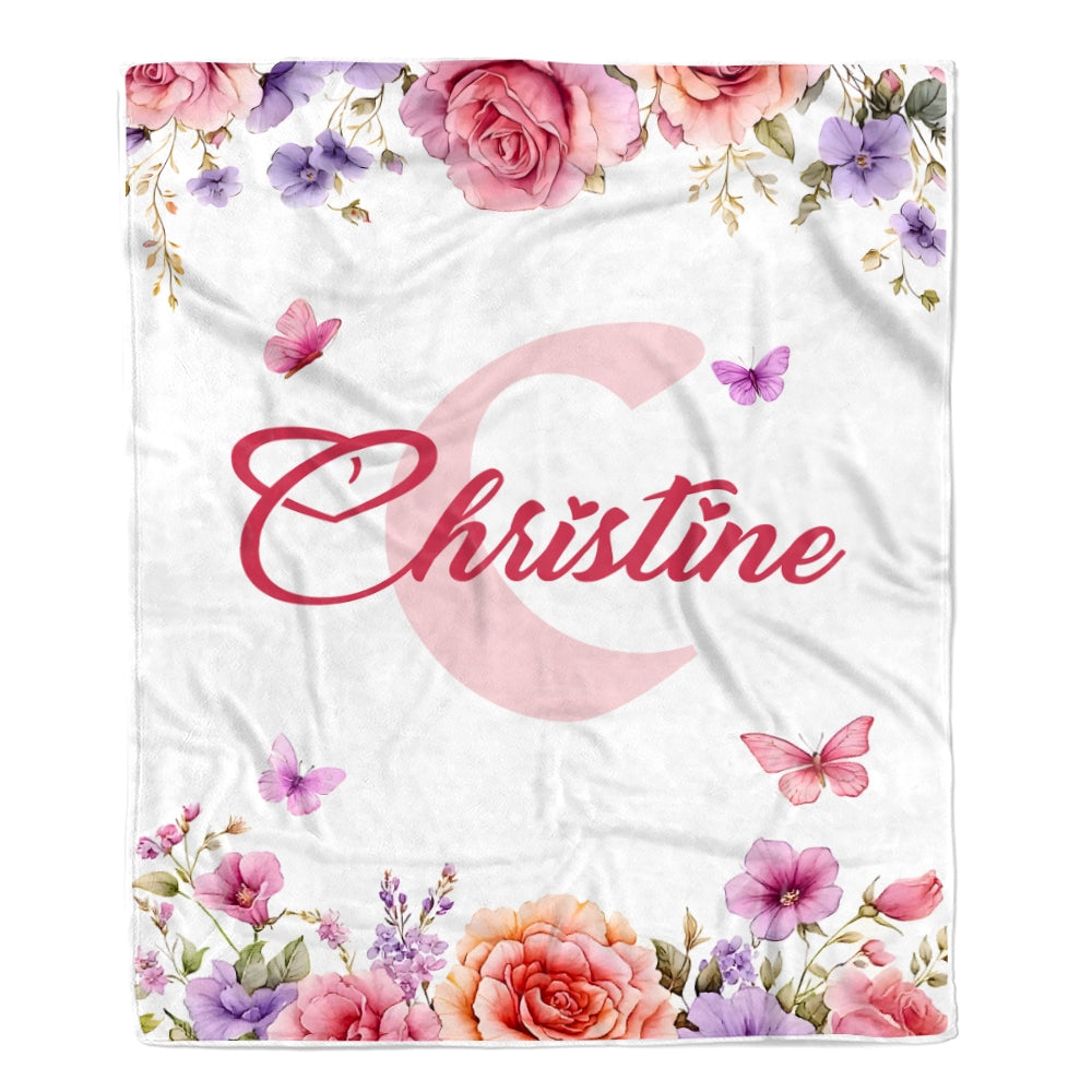 Personalized Baby Custom Name Blanket Pink Roses Butterflies Floral Watercolor Throw Bedding Girl Kids Bedroom Nursery Brithday Gift Christmas Fleece Blanket | teecentury
