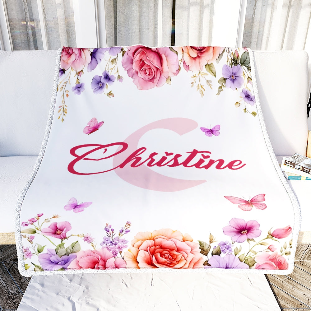 Personalized Baby Custom Name Blanket Pink Roses Butterflies Floral Watercolor Throw Bedding Girl Kids Bedroom Nursery Brithday Gift Christmas Fleece Blanket | teecentury