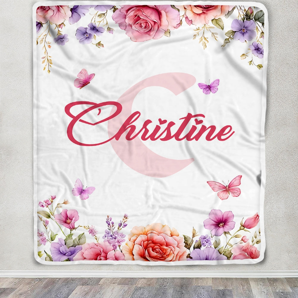 Personalized Baby Custom Name Blanket Pink Roses Butterflies Floral Watercolor Throw Bedding Girl Kids Bedroom Nursery Brithday Gift Christmas Fleece Blanket | teecentury