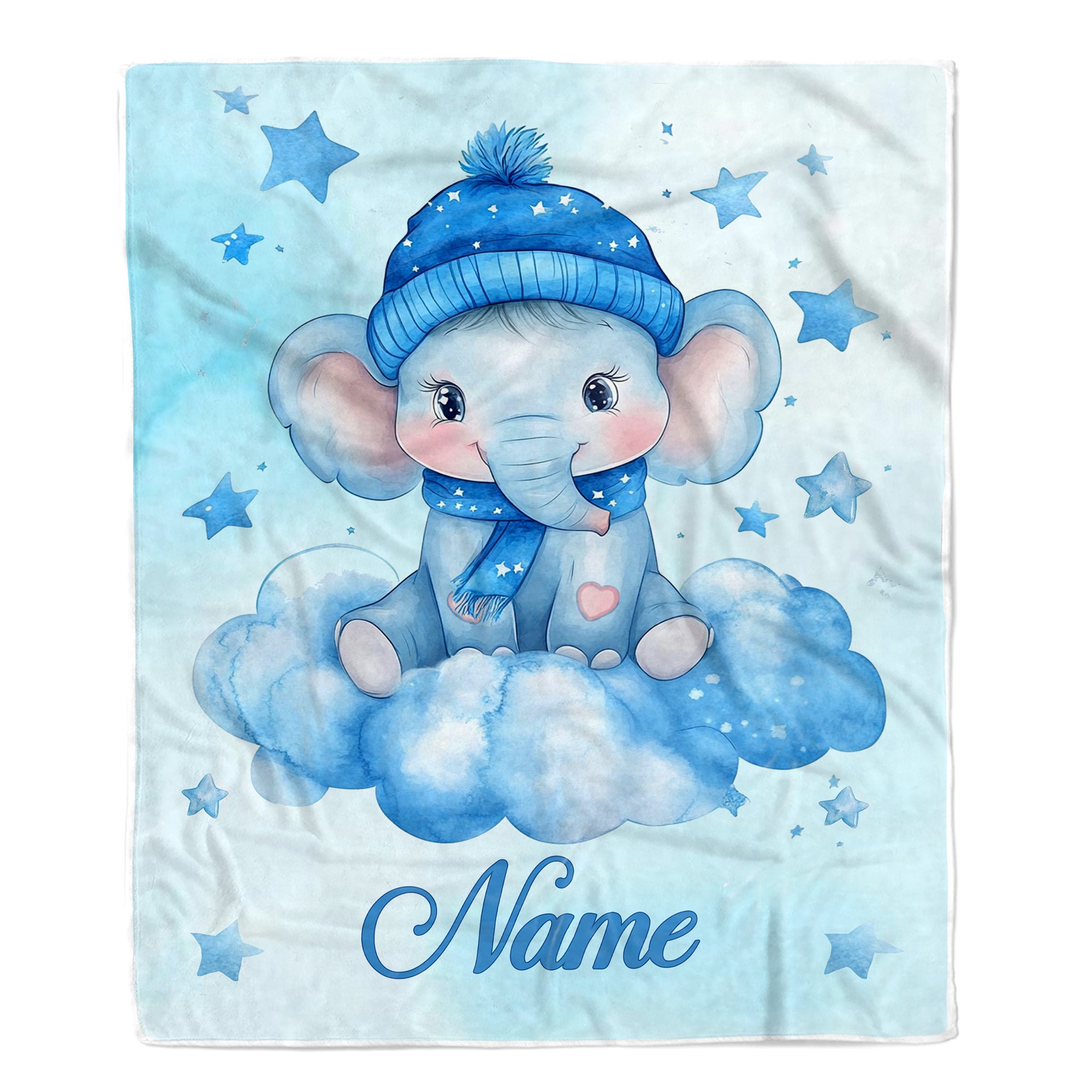 Personalized Baby Elephant Blanket Cute Watercolor Blue Elephant With Hat Stars Brithday Gift Christmas Newborn Girl Boy Nursery Bedding Custom Fleece Blanket | teecentury