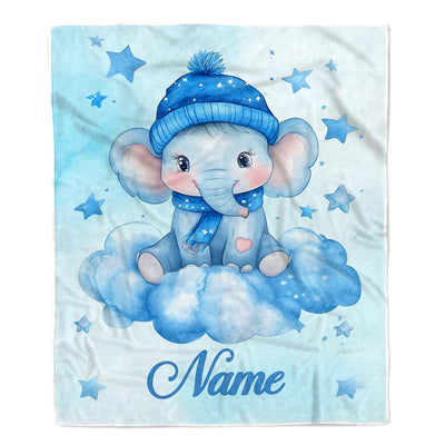 Personalized Baby Elephant Blanket Cute Watercolor Blue Elephant With Hat Stars Brithday Gift Christmas Newborn Girl Boy Nursery Bedding Custom Fleece Blanket | teecentury