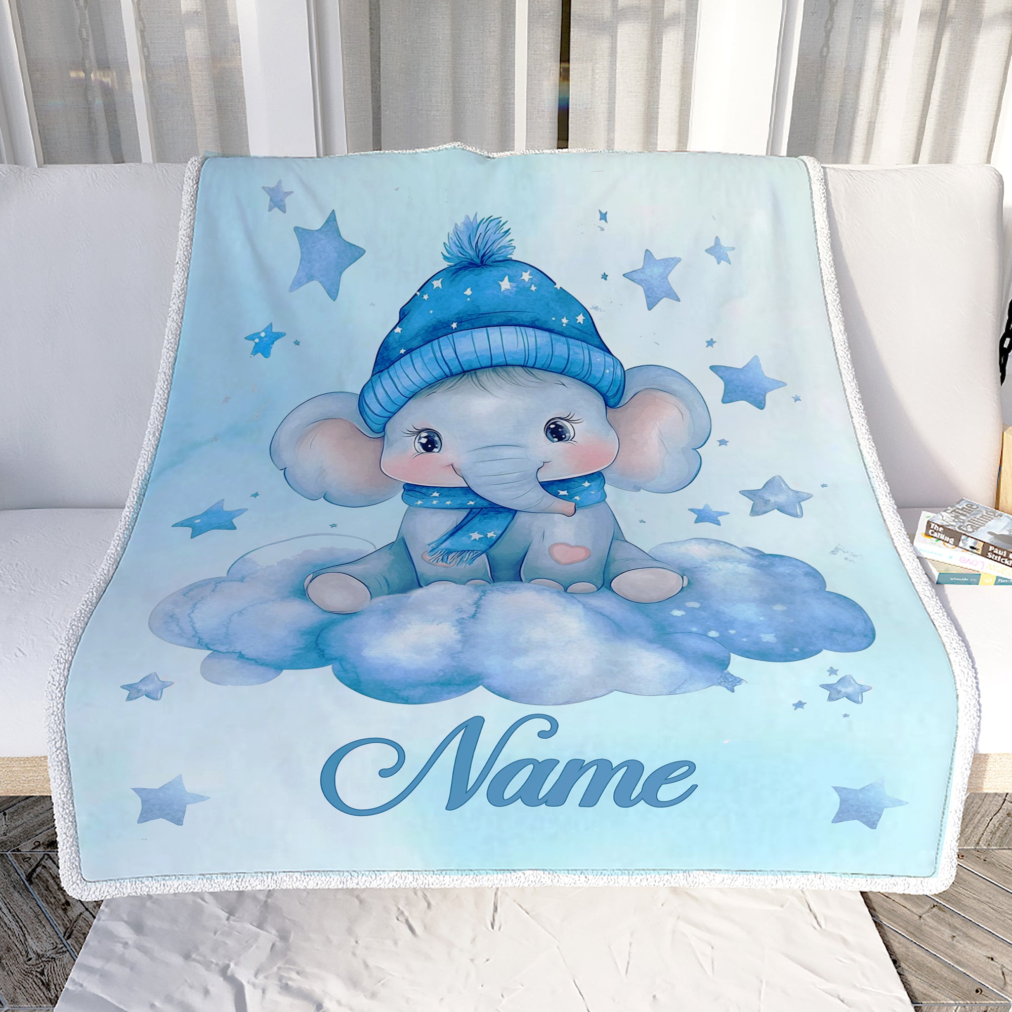 Personalized Baby Elephant Blanket Cute Watercolor Blue Elephant With Hat Stars Brithday Gift Christmas Newborn Girl Boy Nursery Bedding Custom Fleece Blanket | teecentury