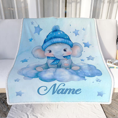 Personalized Baby Elephant Blanket Cute Watercolor Blue Elephant With Hat Stars Brithday Gift Christmas Newborn Girl Boy Nursery Bedding Custom Fleece Blanket | teecentury