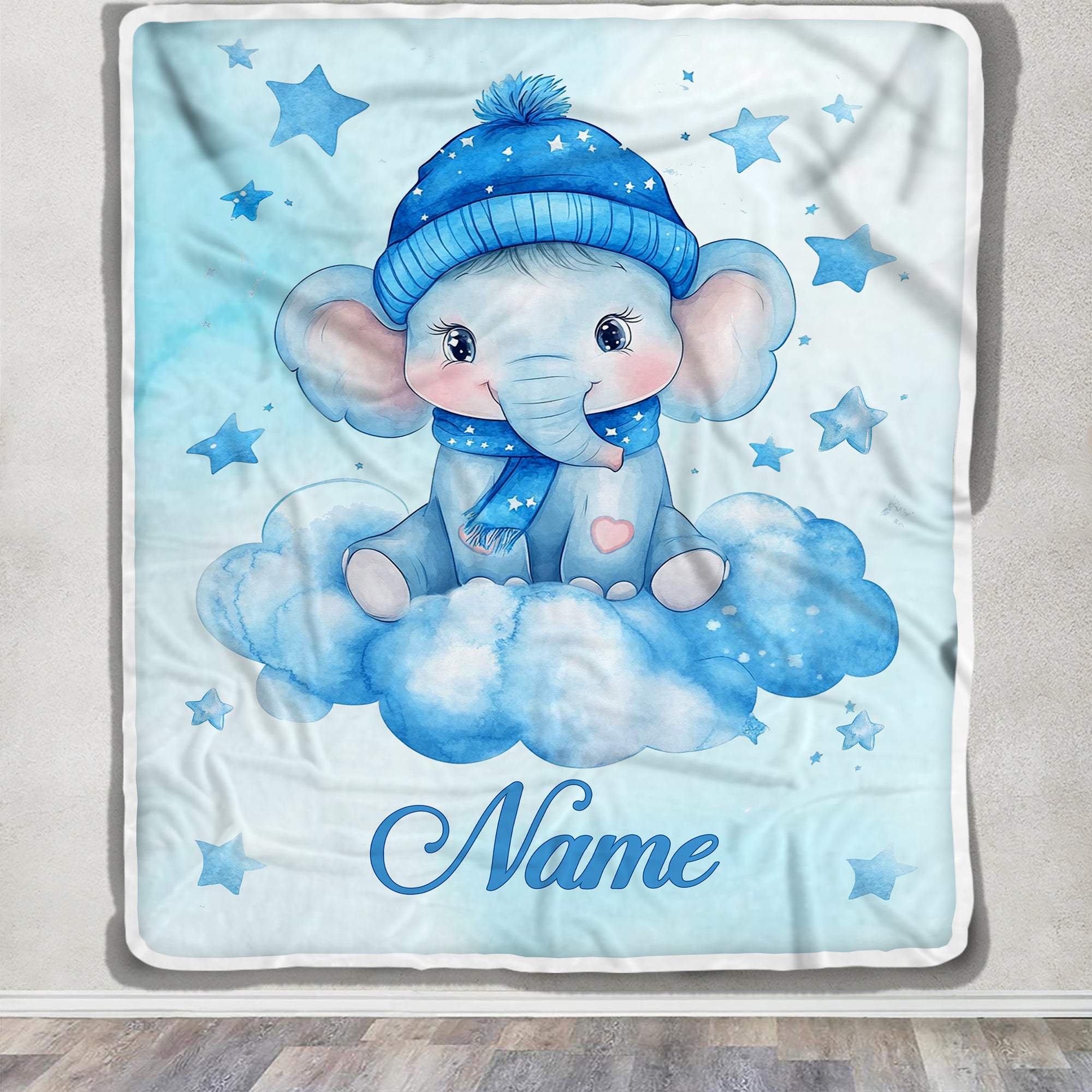 Personalized Baby Elephant Blanket Cute Watercolor Blue Elephant With Hat Stars Brithday Gift Christmas Newborn Girl Boy Nursery Bedding Custom Fleece Blanket | teecentury
