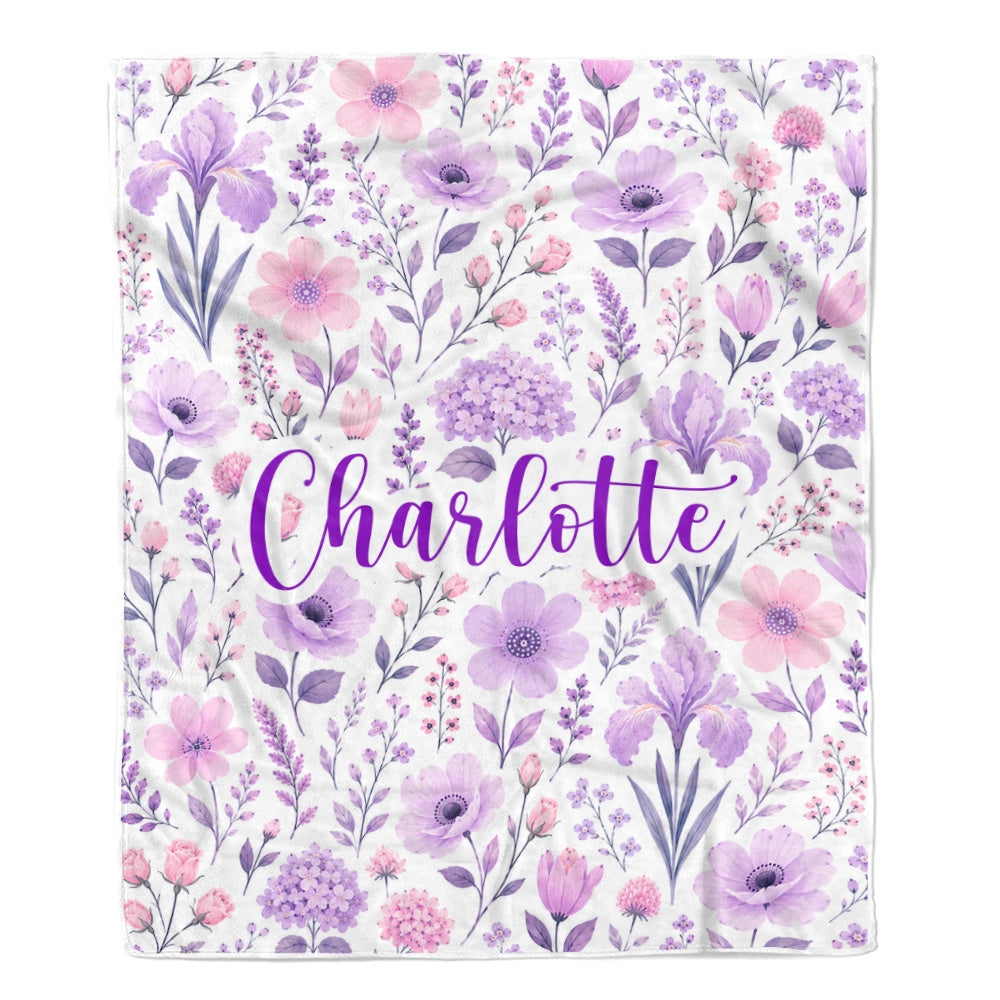 Personalized Baby Floral Blanket Pink Purple Lavender Flowers Custom Name Blanket Gift For Girls Women Birthday Christmas Mothers Day Fleece Throw Blanket | teecentury