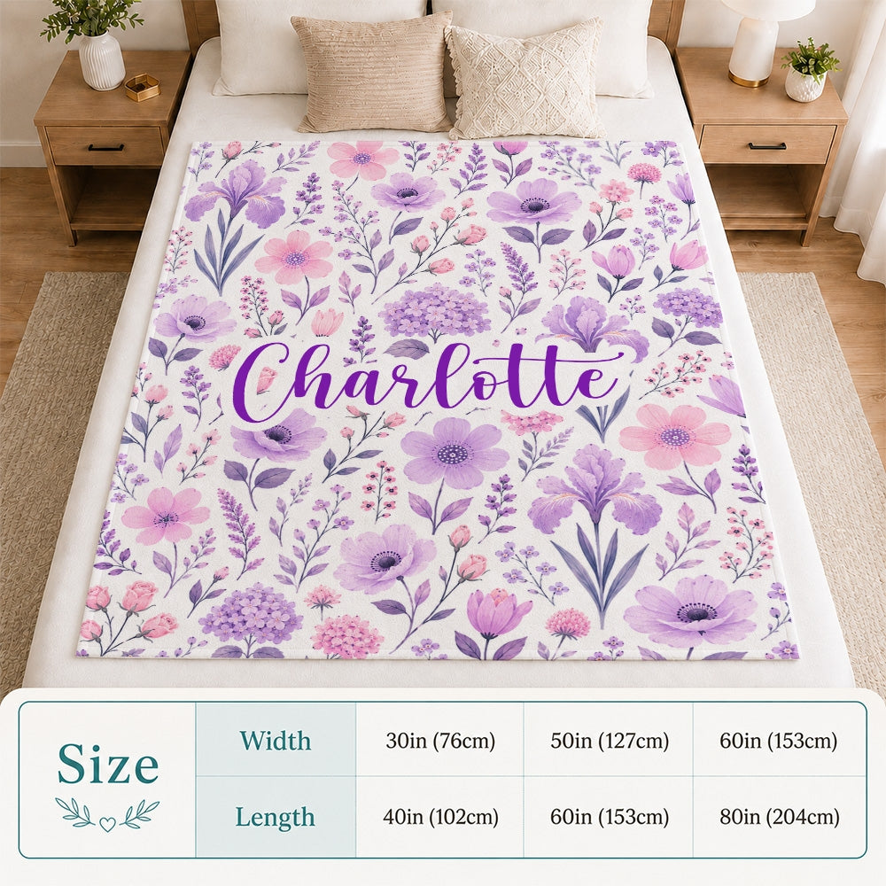 Personalized Baby Floral Blanket Pink Purple Lavender Flowers Custom Name Blanket Gift For Girls Women Birthday Christmas Mothers Day Fleece Throw Blanket | teecentury