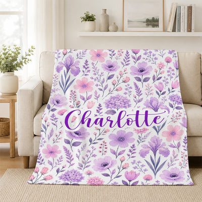 Personalized Baby Floral Blanket Pink Purple Lavender Flowers Custom Name Blanket Gift For Girls Women Birthday Christmas Mothers Day Fleece Throw Blanket | teecentury