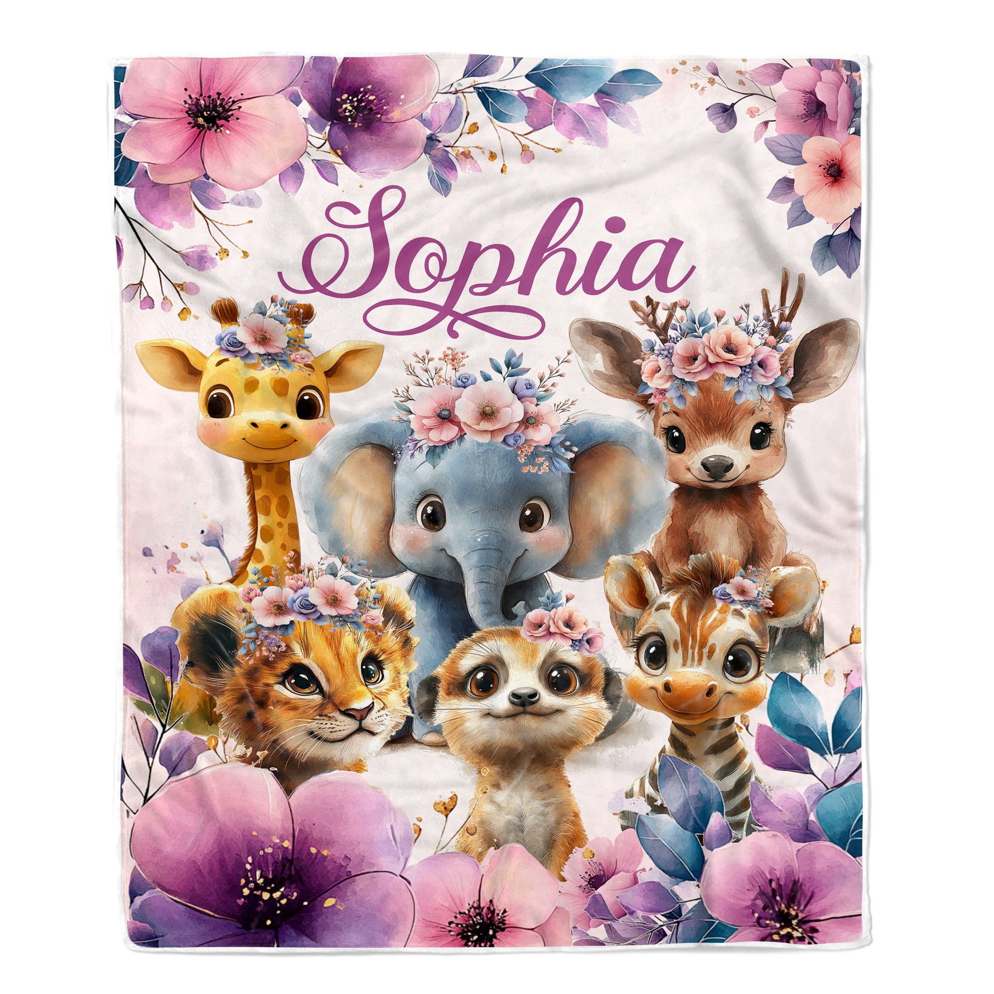 Personalized Baby Girl Blanket Custom Name Cute Safari Animals Giraffe Elephant Boho Floral Nursery Bedding Babies Gifts For Birthday Christmas Fleece Blanket | teecentury