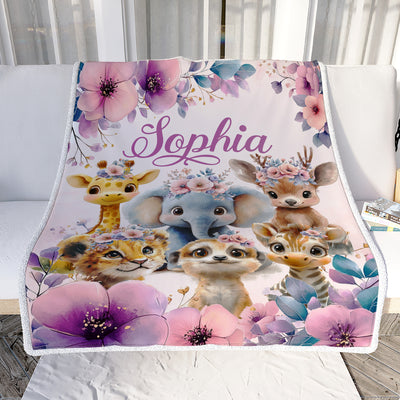 Personalized Baby Girl Blanket Custom Name Cute Safari Animals Giraffe Elephant Boho Floral Nursery Bedding Babies Gifts For Birthday Christmas Fleece Blanket | teecentury