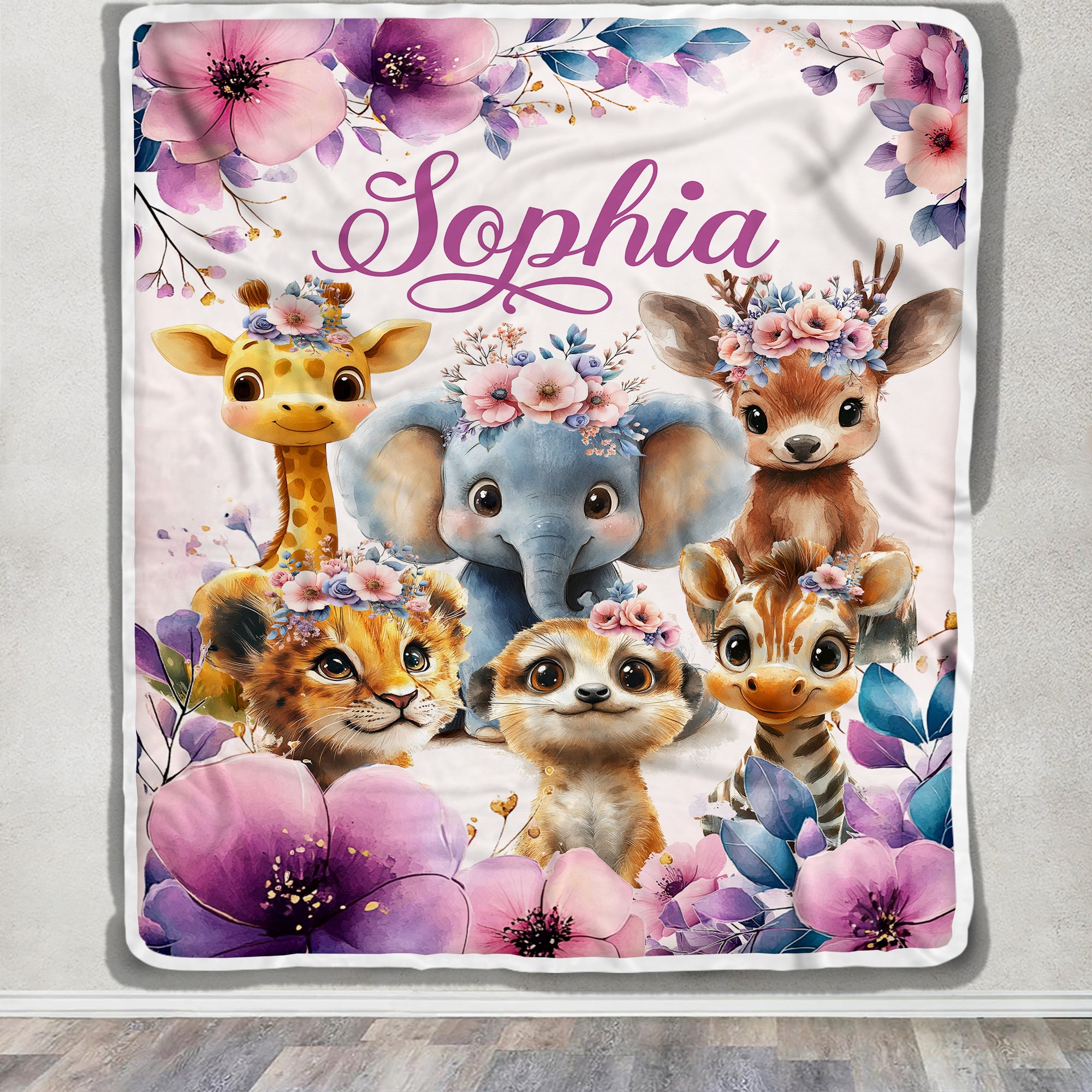 Personalized Baby Girl Blanket Custom Name Cute Safari Animals Giraffe Elephant Boho Floral Nursery Bedding Babies Gifts For Birthday Christmas Fleece Blanket | teecentury