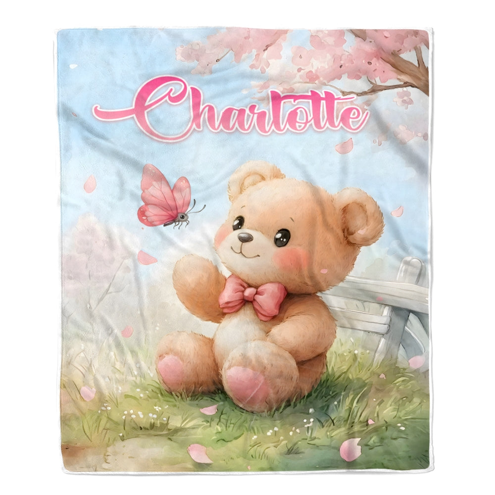Personalized Baby Girl Blanket Custom Name With Cute Bear Butterfly Watercolor Nursery Decor Birthday Christmas Gift For Girls Kids Soft Fleece Throw Blanket | teecentury
