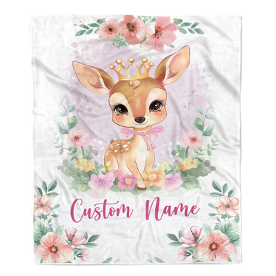 Personalized Baby Girl Blanket With Custom Name Newborn Pink Flowers Deer Daughter Niece Granddaughter Birthday Christmas Customized Bed Fleece Throw Blanket | teecentury