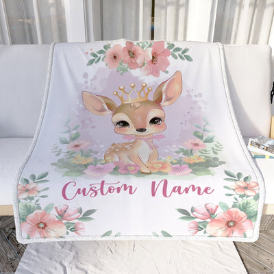 Personalized Baby Girl Blanket With Custom Name Newborn Pink Flowers Deer Daughter Niece Granddaughter Birthday Christmas Customized Bed Fleece Throw Blanket | teecentury