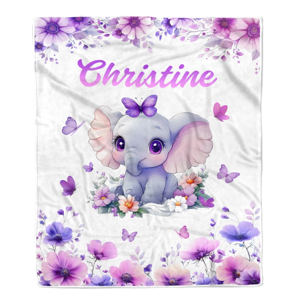 Personalized Baby Girl Elephant Lavender Blanket Cute Cartoon Elephant Flowers Butterflies Custom Name Nursery Brithday Gift Christmas Bedding Fleece Blanket | teecentury
