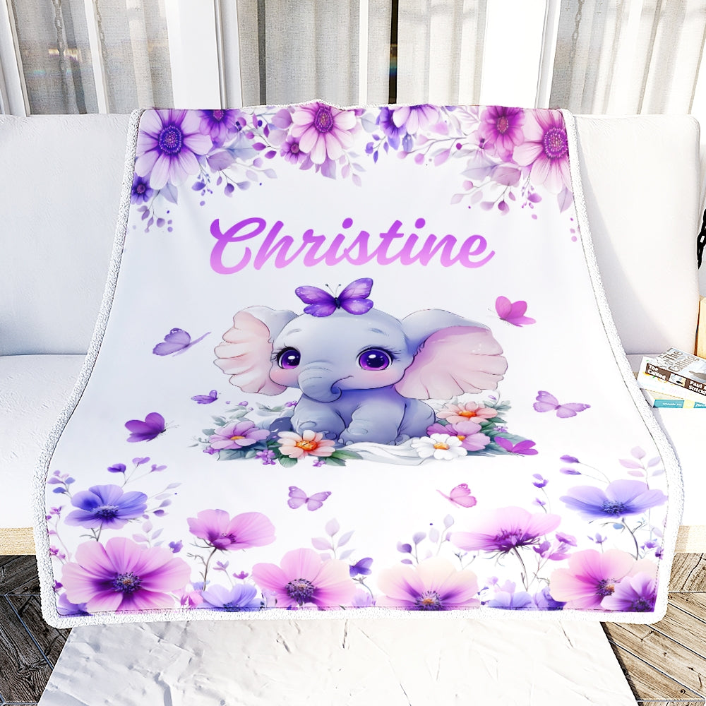 Personalized Baby Girl Elephant Lavender Blanket Cute Cartoon Elephant Flowers Butterflies Custom Name Nursery Brithday Gift Christmas Bedding Fleece Blanket | teecentury