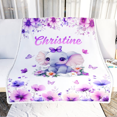 Personalized Baby Girl Elephant Lavender Blanket Cute Cartoon Elephant Flowers Butterflies Custom Name Nursery Brithday Gift Christmas Bedding Fleece Blanket | teecentury