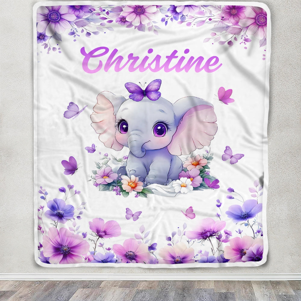 Personalized Baby Girl Elephant Lavender Blanket Cute Cartoon Elephant Flowers Butterflies Custom Name Nursery Brithday Gift Christmas Bedding Fleece Blanket | teecentury