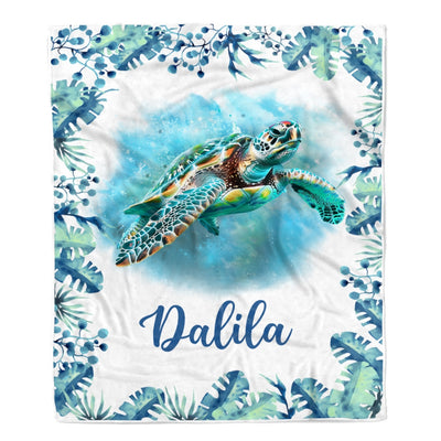 Personalized Baby Name Blanket Girl Cute Watercolor Sea Turtle Nursery Baby Kids Son Daughter Granddaughter Niece Birthday Customized Christmas Fleece Blanket Blanket | Teecentury.com