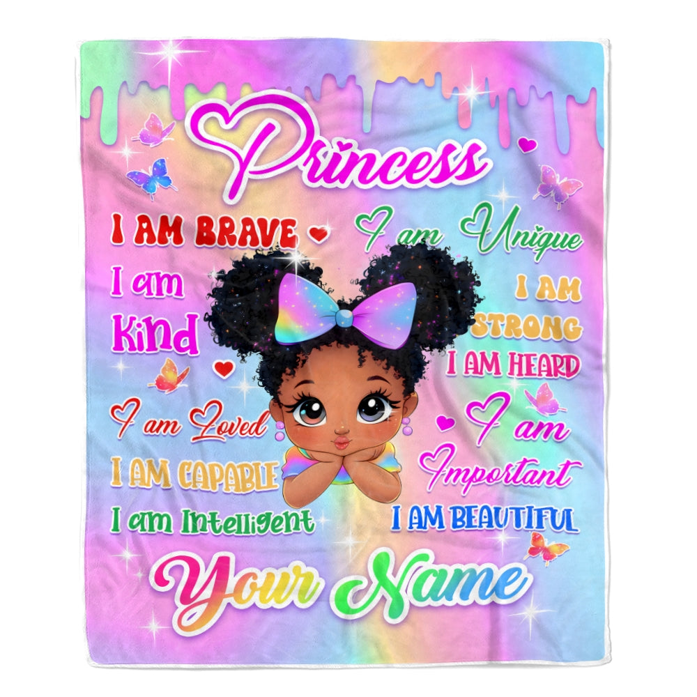 Personalized Baby Princess Blanket For Girls Custom Name Cute Cartoon Black Girl With Butterflies Pink Drip Afro Kids Birthday Gift Daughter Fleece Blanket | teecentury