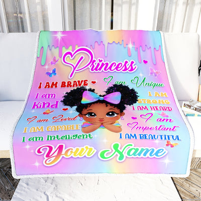 Personalized Baby Princess Blanket For Girls Custom Name Cute Cartoon Black Girl With Butterflies Pink Drip Afro Kids Birthday Gift Daughter Fleece Blanket | teecentury