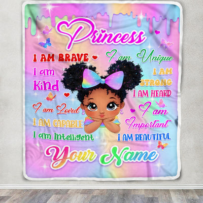 Personalized Baby Princess Blanket For Girls Custom Name Cute Cartoon Black Girl With Butterflies Pink Drip Afro Kids Birthday Gift Daughter Fleece Blanket | teecentury