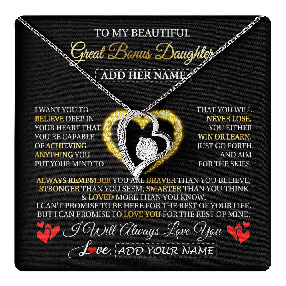 Forever Love Necklace 14K White Gold Finish | 1 | Personalized Beautiful Gift For Bonus Daughter From Step Mom Dad Graduation Necklace Great Stepdaughter Gifts Birthday Christmas Custom Gift Box Message Card | teecentury