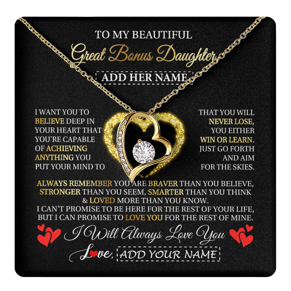 Forever Love Necklace 18K Yellow Gold Finish | 1 | Personalized Beautiful Gift For Bonus Daughter From Step Mom Dad Graduation Necklace Great Stepdaughter Gifts Birthday Christmas Custom Gift Box Message Card | teecentury