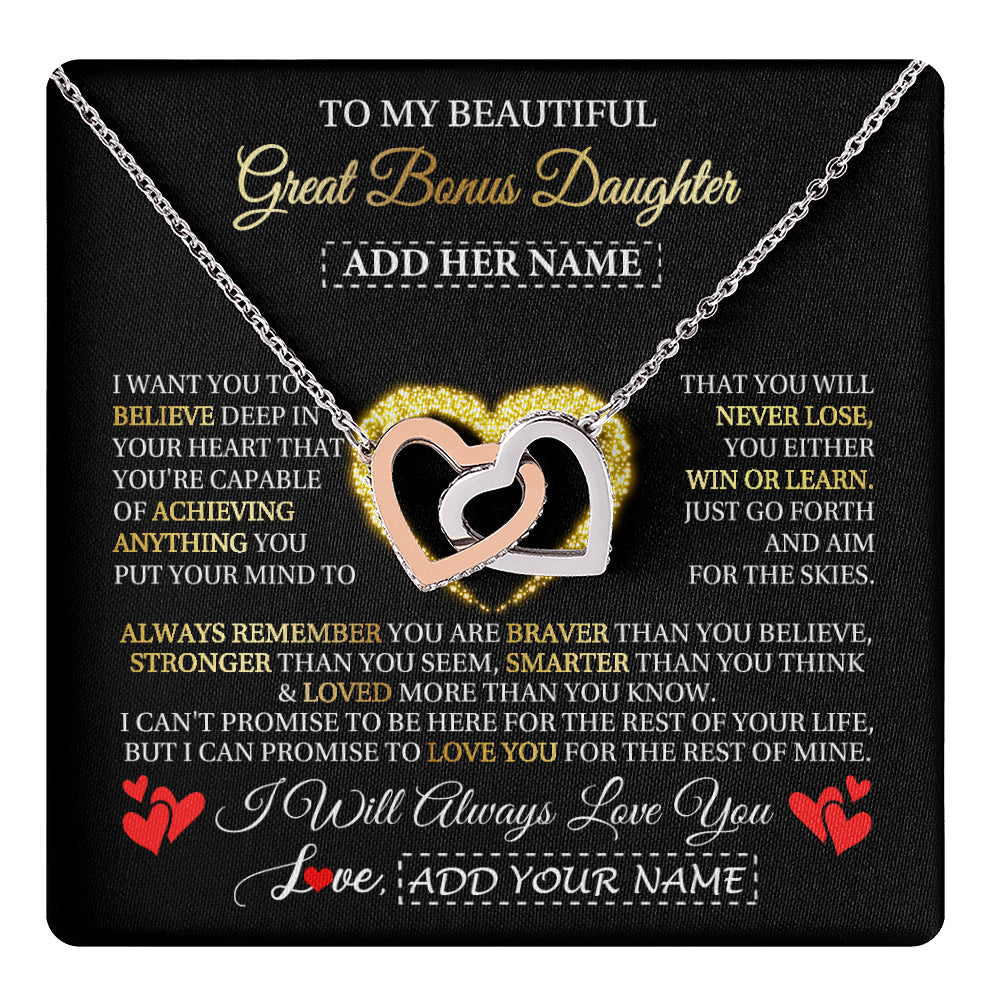 Interlocking Hearts Necklace Stainless Steel & Rose Gold Finish | 1 | Personalized Beautiful Gift For Bonus Daughter From Step Mom Dad Graduation Necklace Great Stepdaughter Gifts Birthday Christmas Custom Gift Box Message Card | teecentury