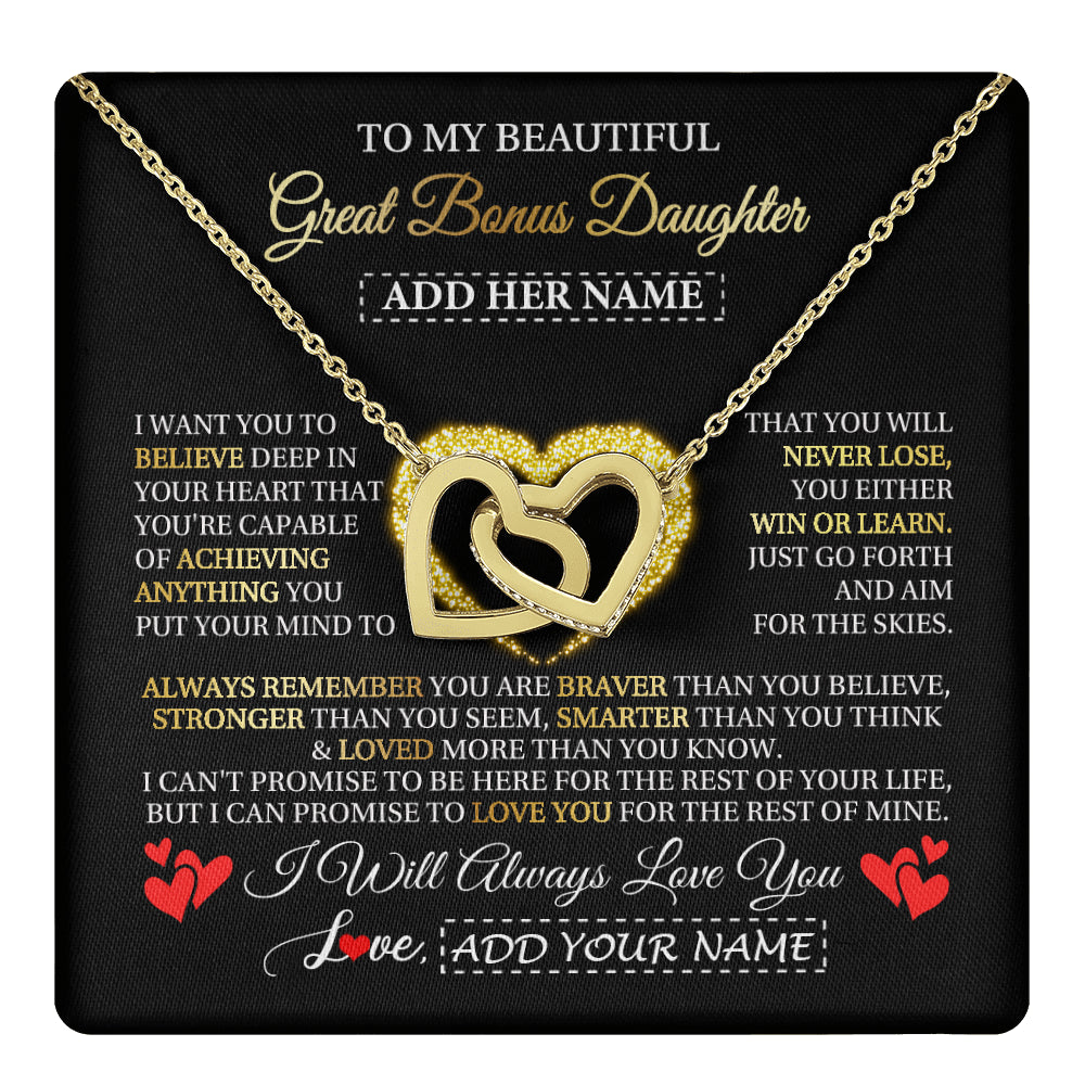 Interlocking Hearts Necklace 18K Yellow Gold Finish | 1 | Personalized Beautiful Gift For Bonus Daughter From Step Mom Dad Graduation Necklace Great Stepdaughter Gifts Birthday Christmas Custom Gift Box Message Card | teecentury