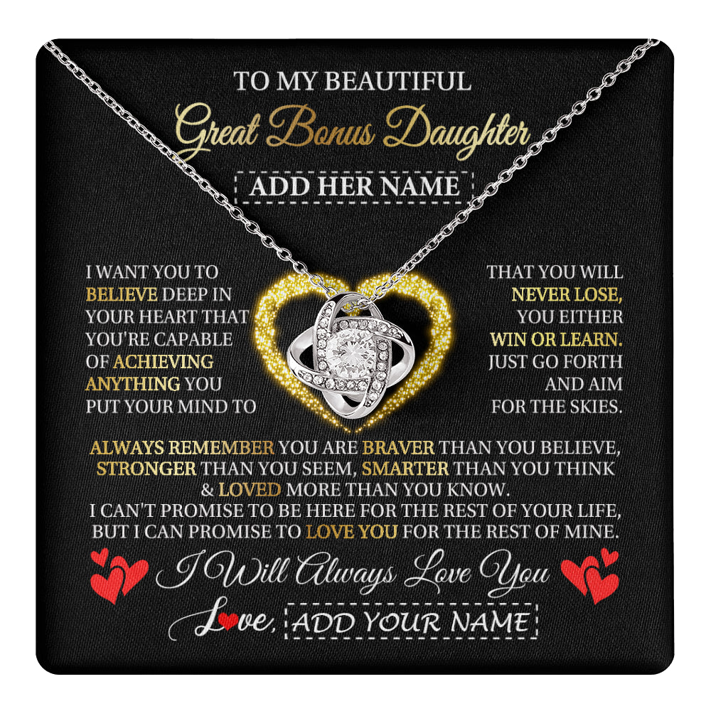 Love Knot Necklace 14K White Gold Finish | 1 | Personalized Beautiful Gift For Bonus Daughter From Step Mom Dad Graduation Necklace Great Stepdaughter Gifts Birthday Christmas Custom Gift Box Message Card | teecentury