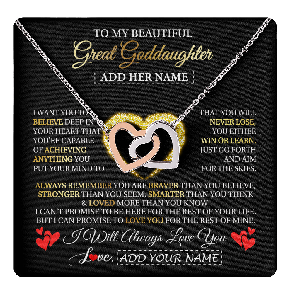 Interlocking Hearts Necklace Stainless Steel & Rose Gold Finish | 1 | Personalized Beautiful Gift For Goddaughter From Godmother Graduation Necklace Great Goddaughter Gifts Birthday Christmas Customized Gift Box Message Card | teecentury
