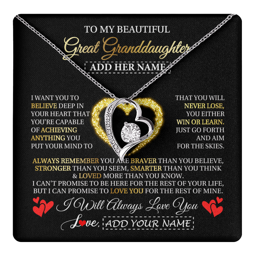 Forever Love Necklace 14K White Gold Finish | 1 | Personalized Beautiful Gift For Granddaughter From Grandma Grandpa Graduation Necklace Great Granddaughter Gifts Birthday Christmas Gift Box Message Card | teecentury