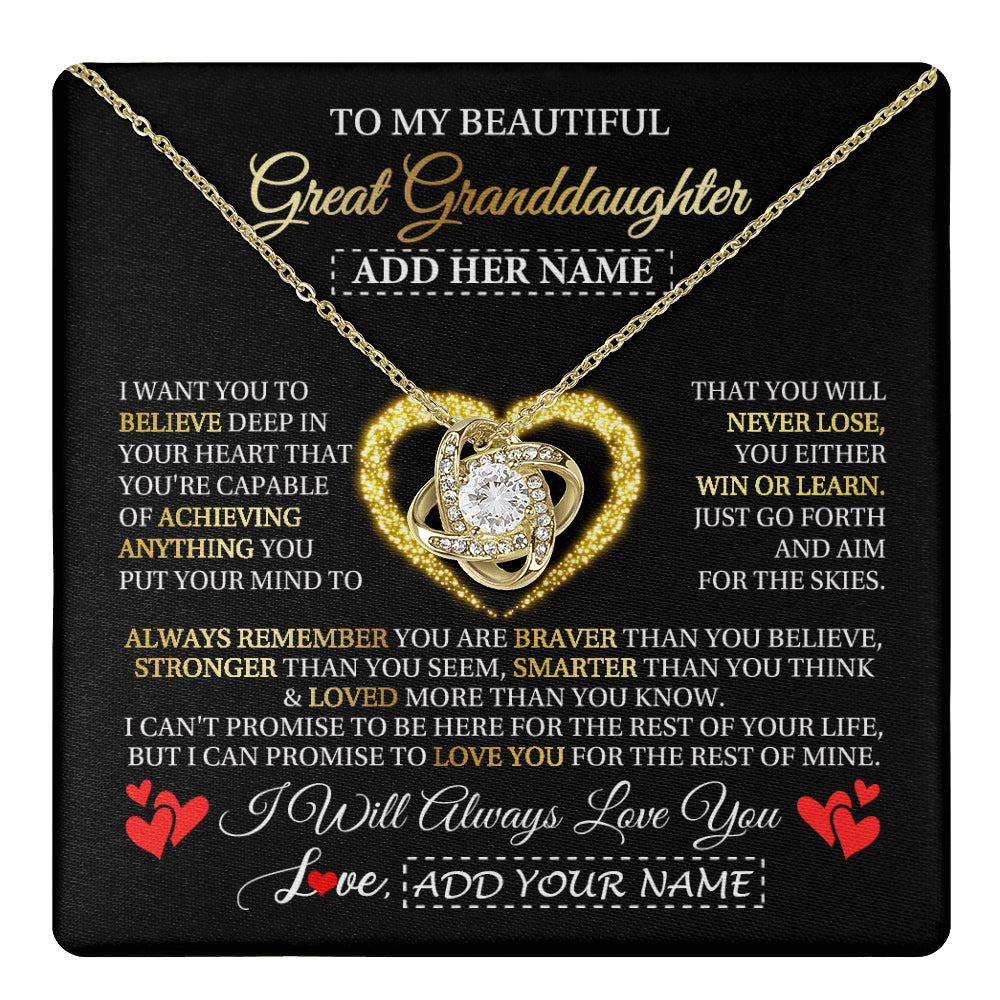 Love Knot Necklace 18K Yellow Gold Finish | 1 | Personalized Beautiful Gift For Granddaughter From Grandma Grandpa Graduation Necklace Great Granddaughter Gifts Birthday Christmas Gift Box Message Card | teecentury