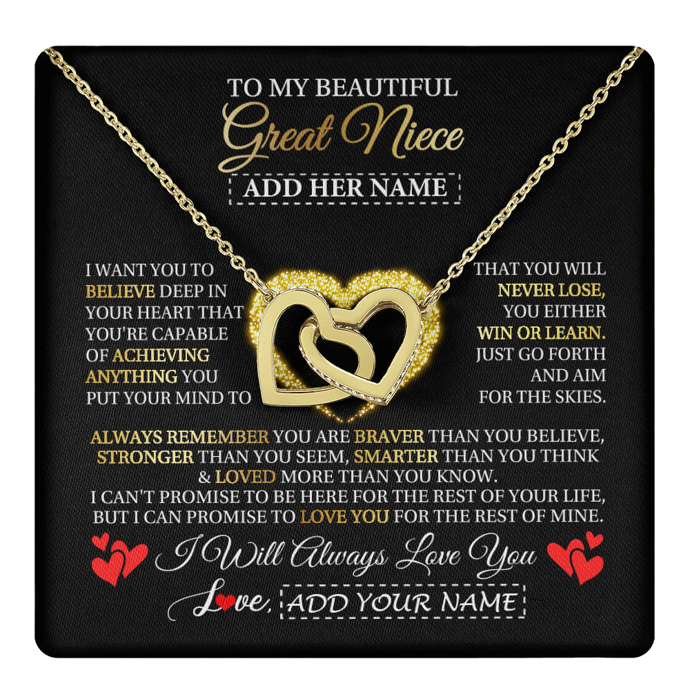 Interlocking Hearts Necklace 18K Yellow Gold Finish | 1 | Personalized Beautiful Gift For Niece From Aunt Uncle Auntie Graduation Necklace Great Niece Gifts Birthday Christmas Customized Gift Box Message Card | teecentury