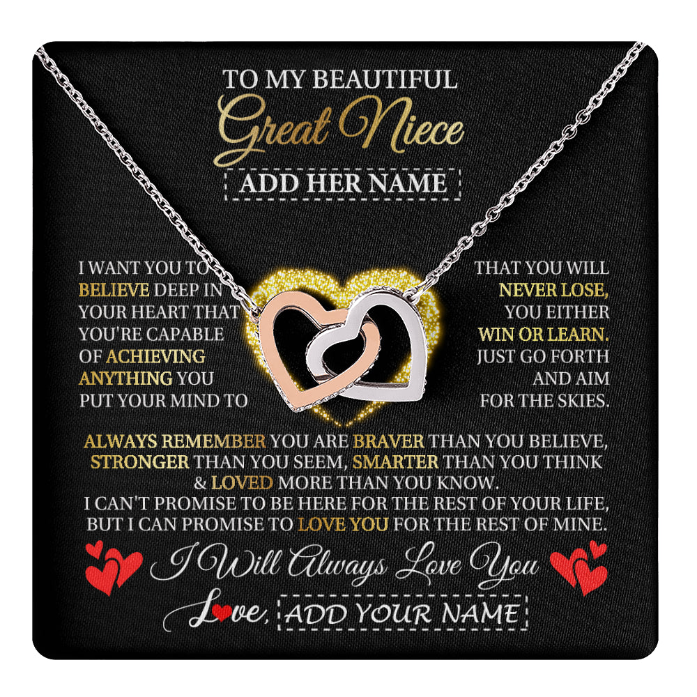 Interlocking Hearts Necklace Stainless Steel & Rose Gold Finish | 1 | Personalized Beautiful Gift For Niece From Aunt Uncle Auntie Graduation Necklace Great Niece Gifts Birthday Christmas Customized Gift Box Message Card | teecentury