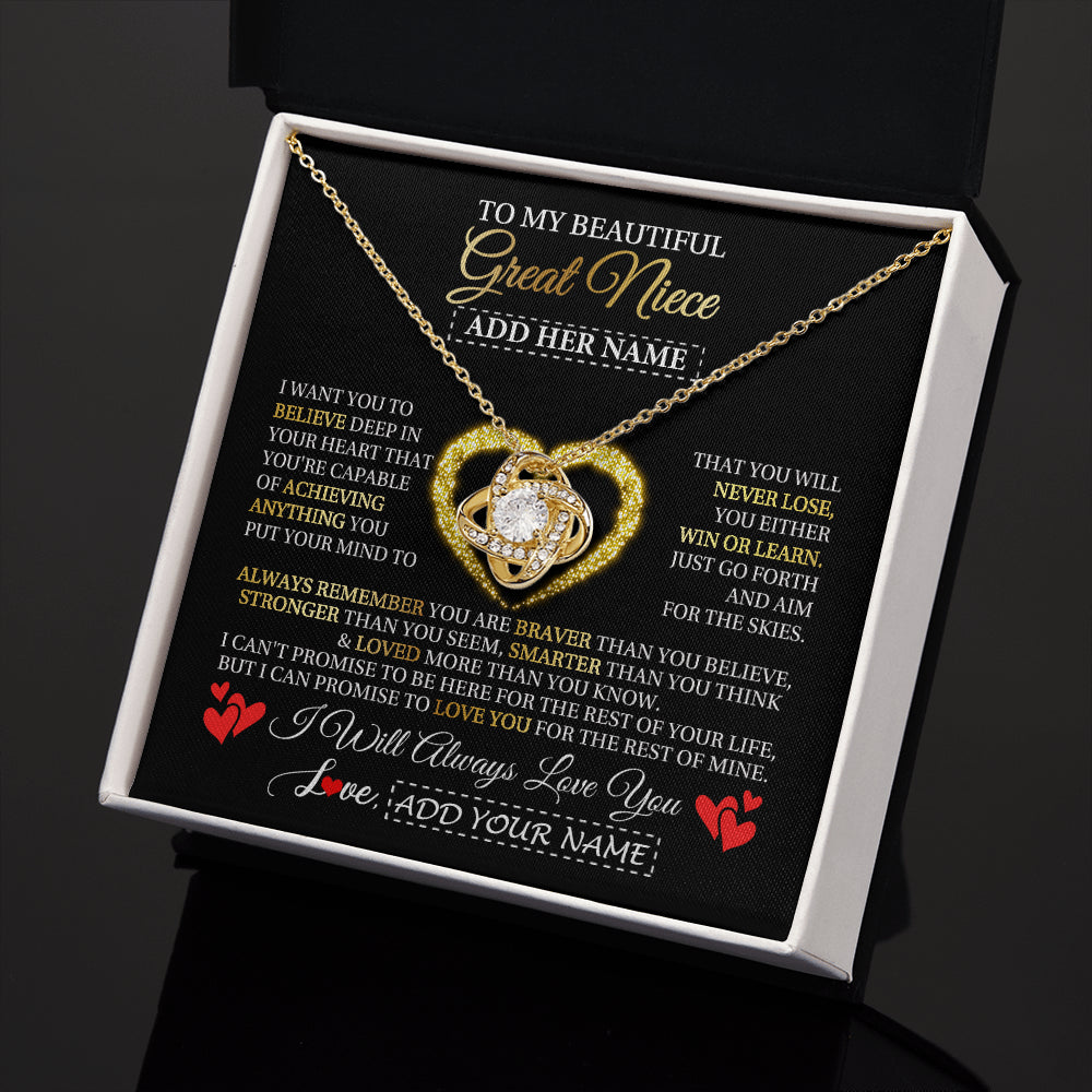 Love Knot Necklace 18K Yellow Gold Finish | 2 | Personalized Beautiful Gift For Niece From Aunt Uncle Auntie Graduation Necklace Great Niece Gifts Birthday Christmas Customized Gift Box Message Card | teecentury