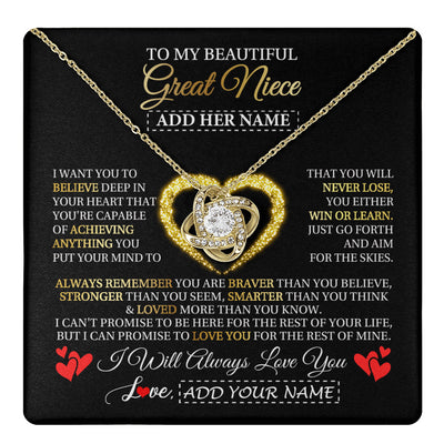 Love Knot Necklace 18K Yellow Gold Finish | 1 | Personalized Beautiful Gift For Niece From Aunt Uncle Auntie Graduation Necklace Great Niece Gifts Birthday Christmas Customized Gift Box Message Card | teecentury