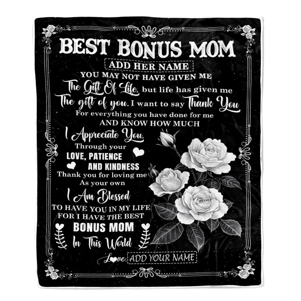 Personalized Best Bonus Mom Gifts Blanket Happy Mother's Day Gift For Step Mom Meaningful Family Quote Stepmom Birthday Christmas Custom Fleece Throw Blanket | teecentury