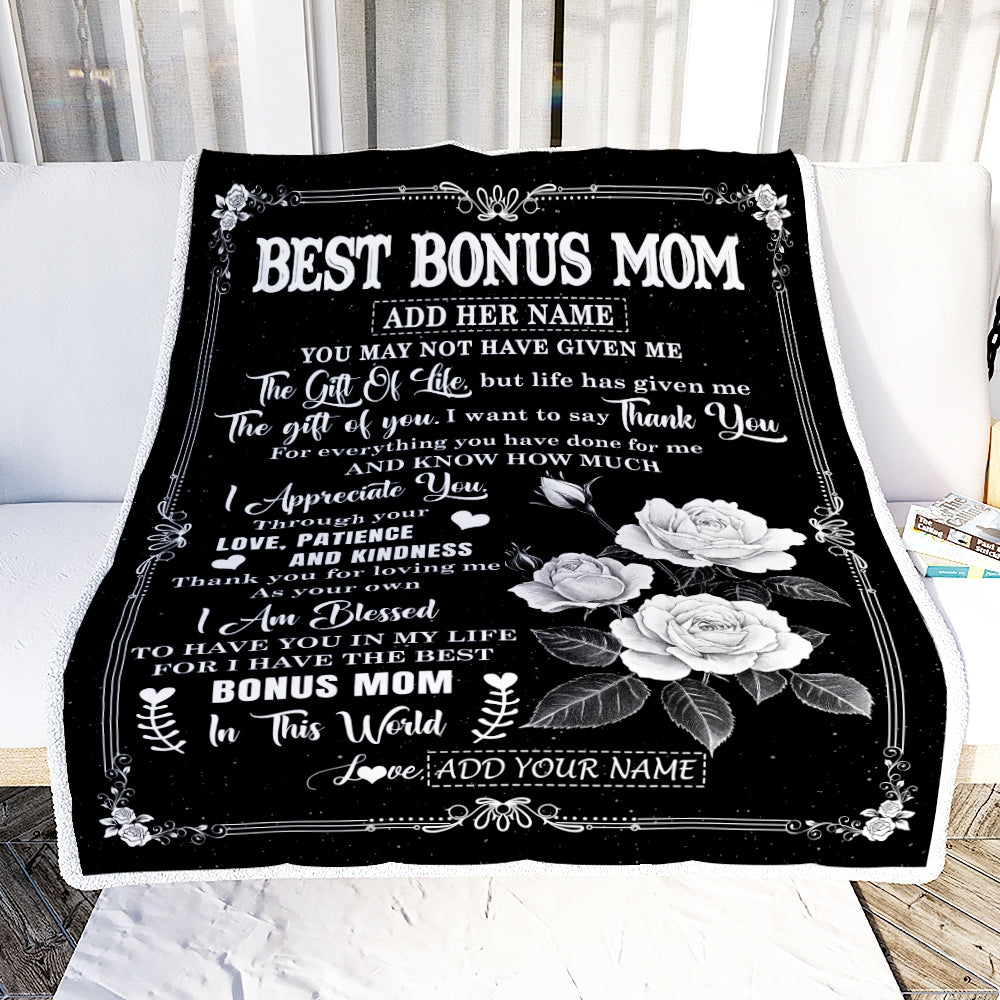 Personalized Best Bonus Mom Gifts Blanket Happy Mother's Day Gift For Step Mom Meaningful Family Quote Stepmom Birthday Christmas Custom Fleece Throw Blanket | teecentury