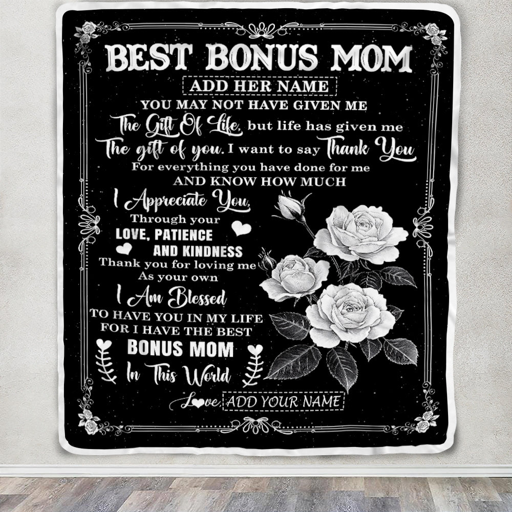 Personalized Best Bonus Mom Gifts Blanket Happy Mother's Day Gift For Step Mom Meaningful Family Quote Stepmom Birthday Christmas Custom Fleece Throw Blanket | teecentury