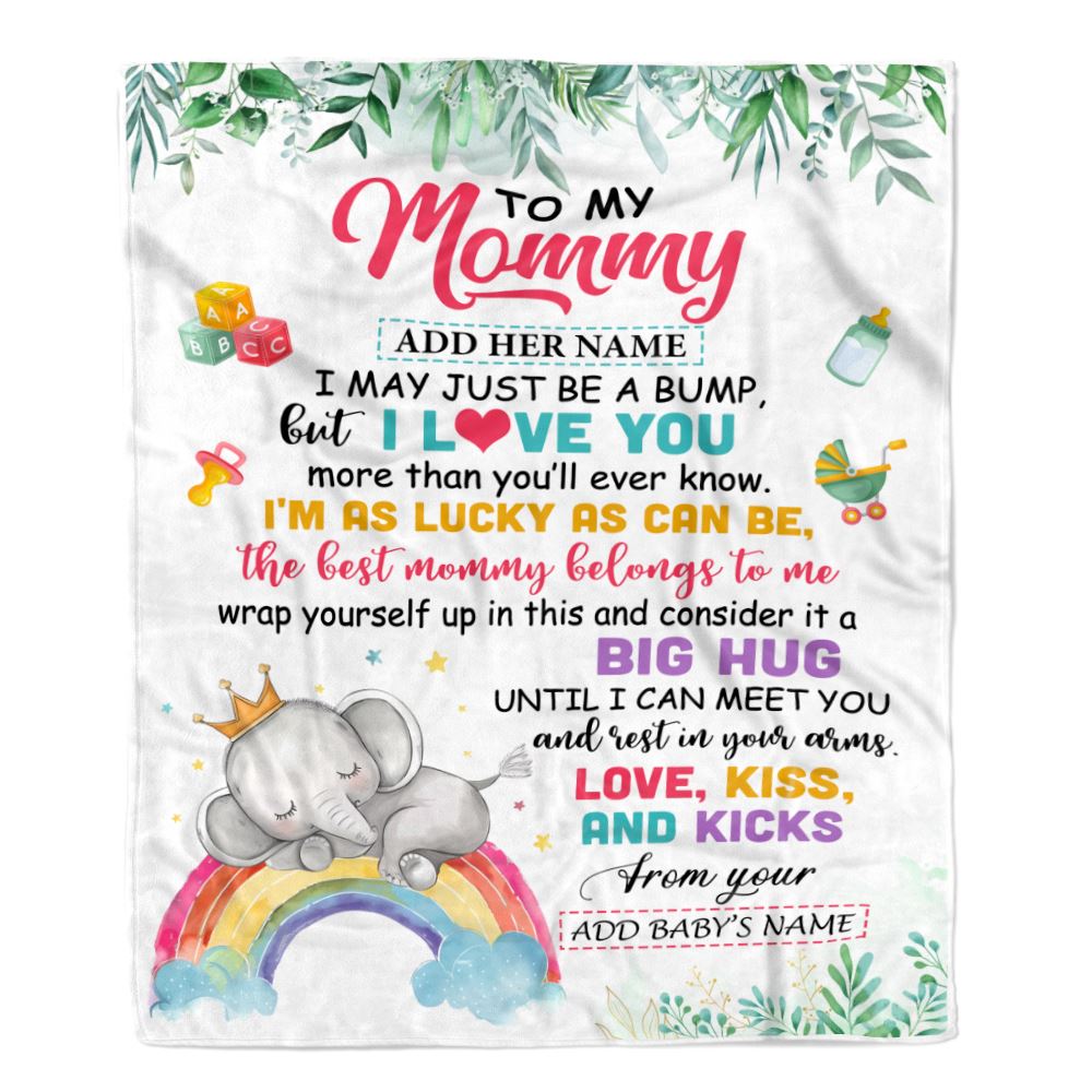 Personalized Blanket For Mommy From Baby Bump Mommy Baby Elephant First Time Mom 1st Mother's Day Custom Name Mommy Baby Gifts Customized Fleece Throw Blanket | teecentury