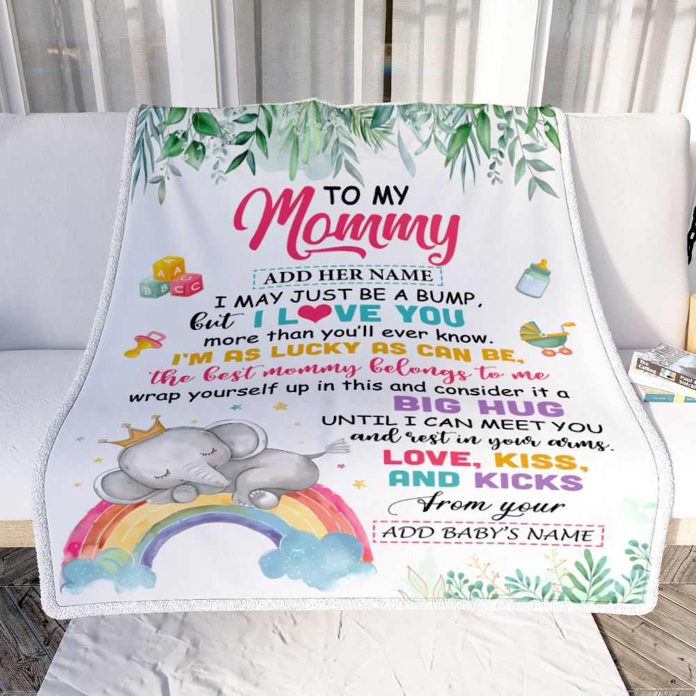 Personalized Blanket For Mommy From Baby Bump Mommy Baby Elephant First Time Mom 1st Mother's Day Custom Name Mommy Baby Gifts Customized Fleece Throw Blanket | teecentury