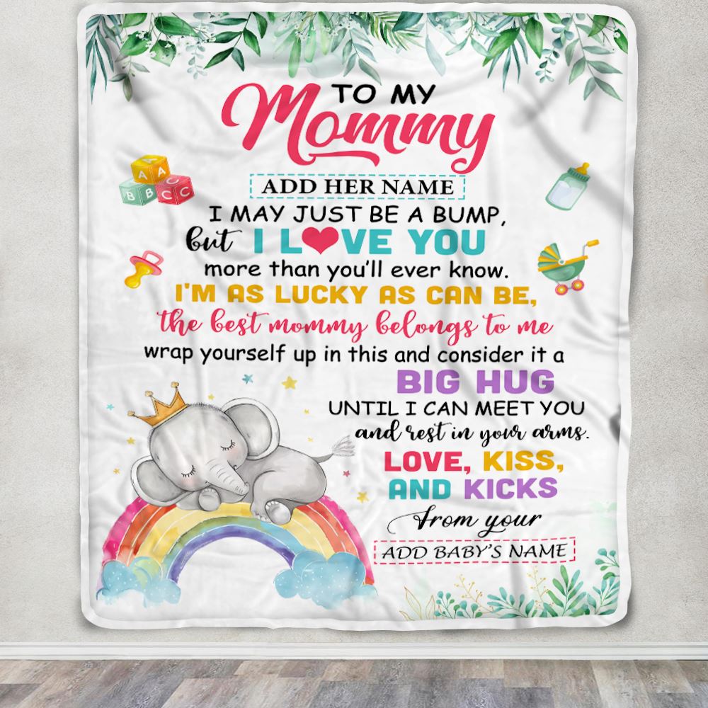 Personalized Blanket For Mommy From Baby Bump Mommy Baby Elephant First Time Mom 1st Mother's Day Custom Name Mommy Baby Gifts Customized Fleece Throw Blanket | teecentury