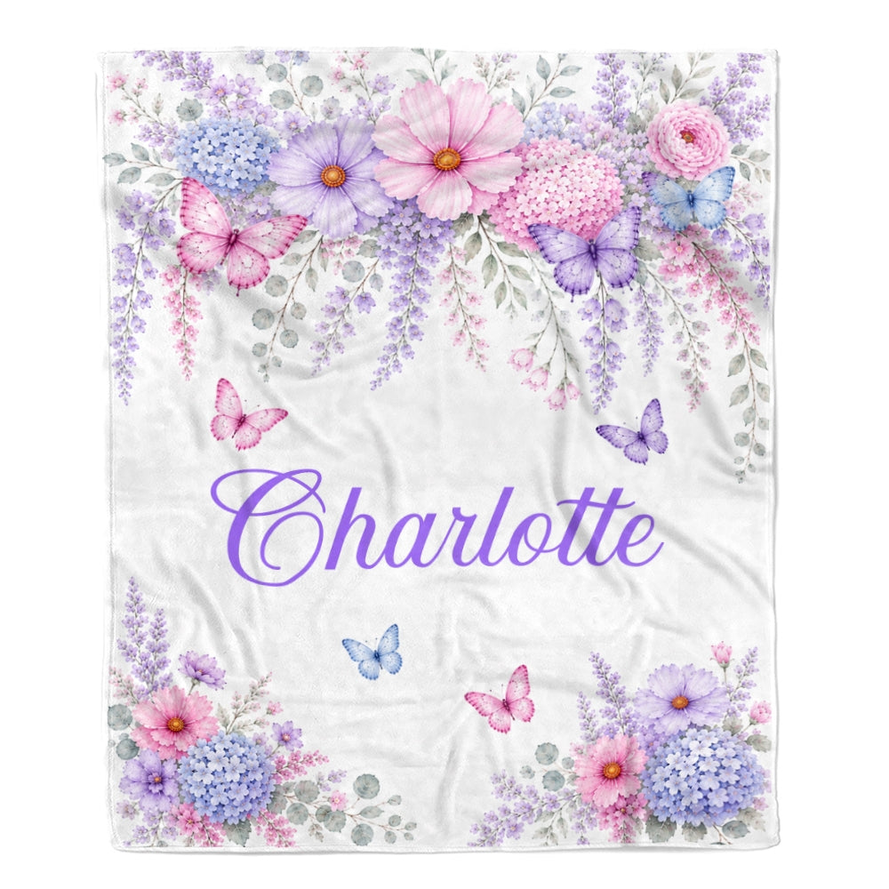 Personalized Butterfly Floral Baby Blanket Custom Name Nursery Throw Pink Purple Floral Girls Kids Toddler Bed Decor Birthday Gift Christmas Fleece Blanket | teecentury