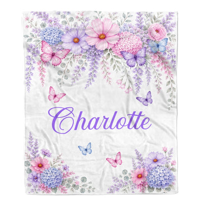 Personalized Butterfly Floral Baby Blanket Custom Name Nursery Throw Pink Purple Floral Girls Kids Toddler Bed Decor Birthday Gift Christmas Fleece Blanket | teecentury